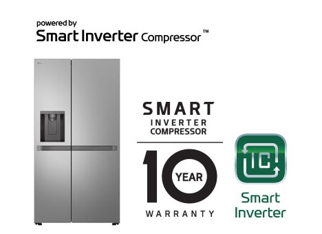 Imagen del producto con el logotipo de Smart Inverter Compressor™ y el logotipo de 10 años de garantía.