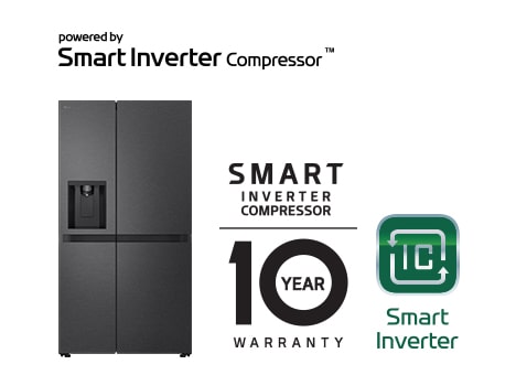 Imagen del producto con el logotipo de Smart Inverter Compressor™ y el logotipo de 10 años de garantía.