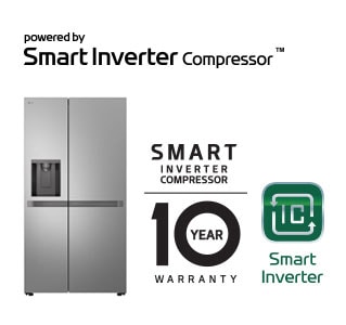 Imagen del producto con el logotipo de Smart Inverter Compressor™ y el logotipo de 10 años de garantía.