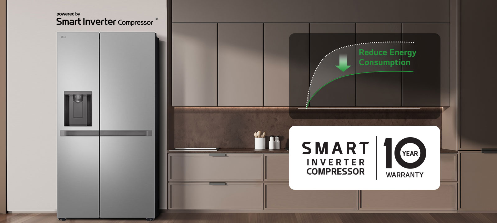 Refrigerador en la cocina con gráfico que muestra ahorro de energía gracias al compresor Smart Inverter LG