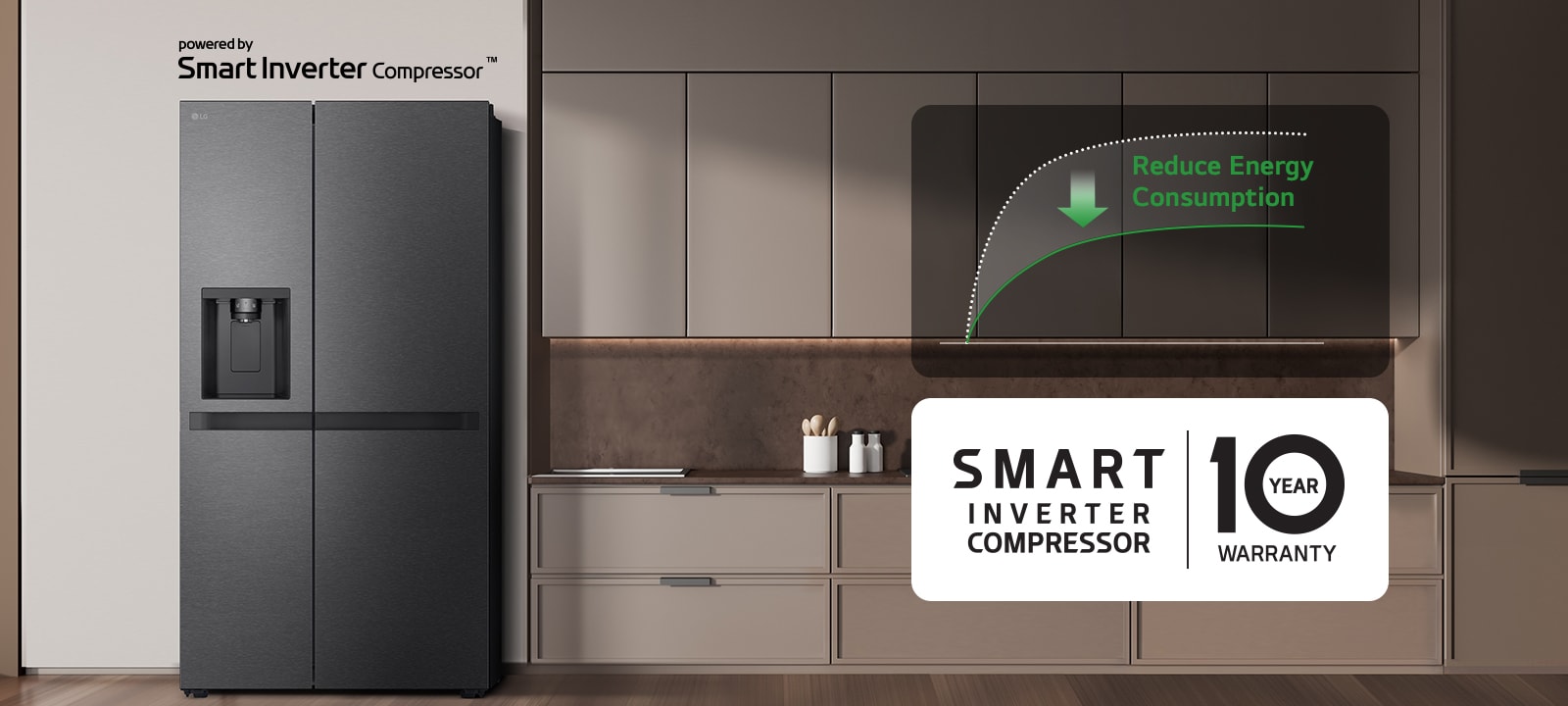Refrigerador en la cocina con gráfico que muestra ahorro de energía gracias al compresor Smart Inverter LG