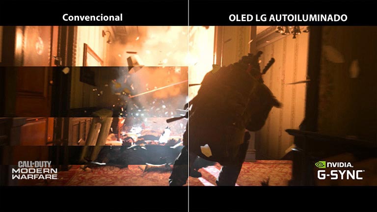 Se muestra una escena de un juego de carreras en un televisor convencional con fragmentación y la otra mitad en un LG OLED TV sin fragmentación