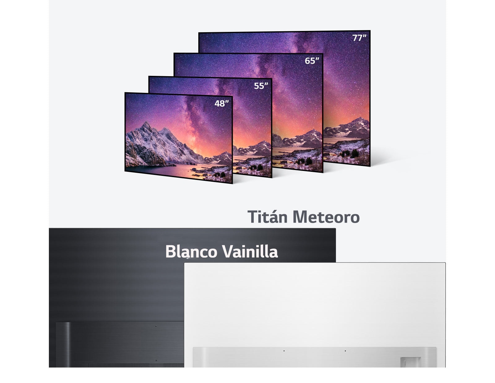 Línea de televisores LG OLED en varios tamaños desde 48 pulgadas hasta 77 pulgadas, y en colores negro claro y blanco vainilla