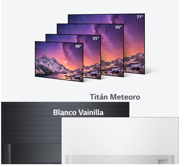 Línea de televisores LG OLED en varios tamaños desde 48 pulgadas hasta 77 pulgadas, y en colores negro claro y blanco vainilla