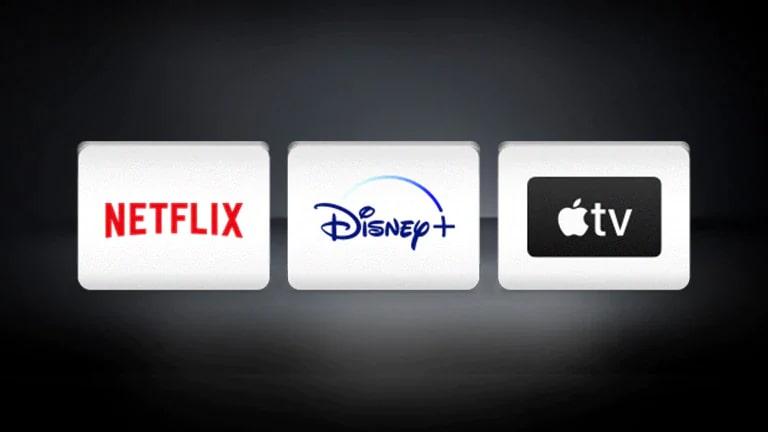 El logotipo de Netflix, el logotipo de Disney +, el logotipo de Apple TV y el video principal de Amazon están dispuestos horizontalmente en el fondo negro.