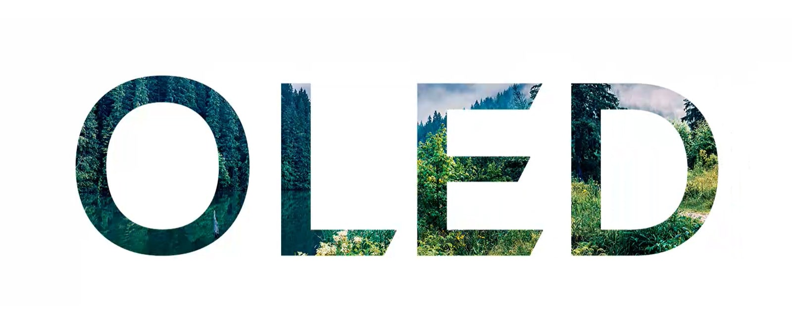 Una palabra "OLED" llena de una imagen de la naturaleza que se desliza desde la derecha (reproducir el video)