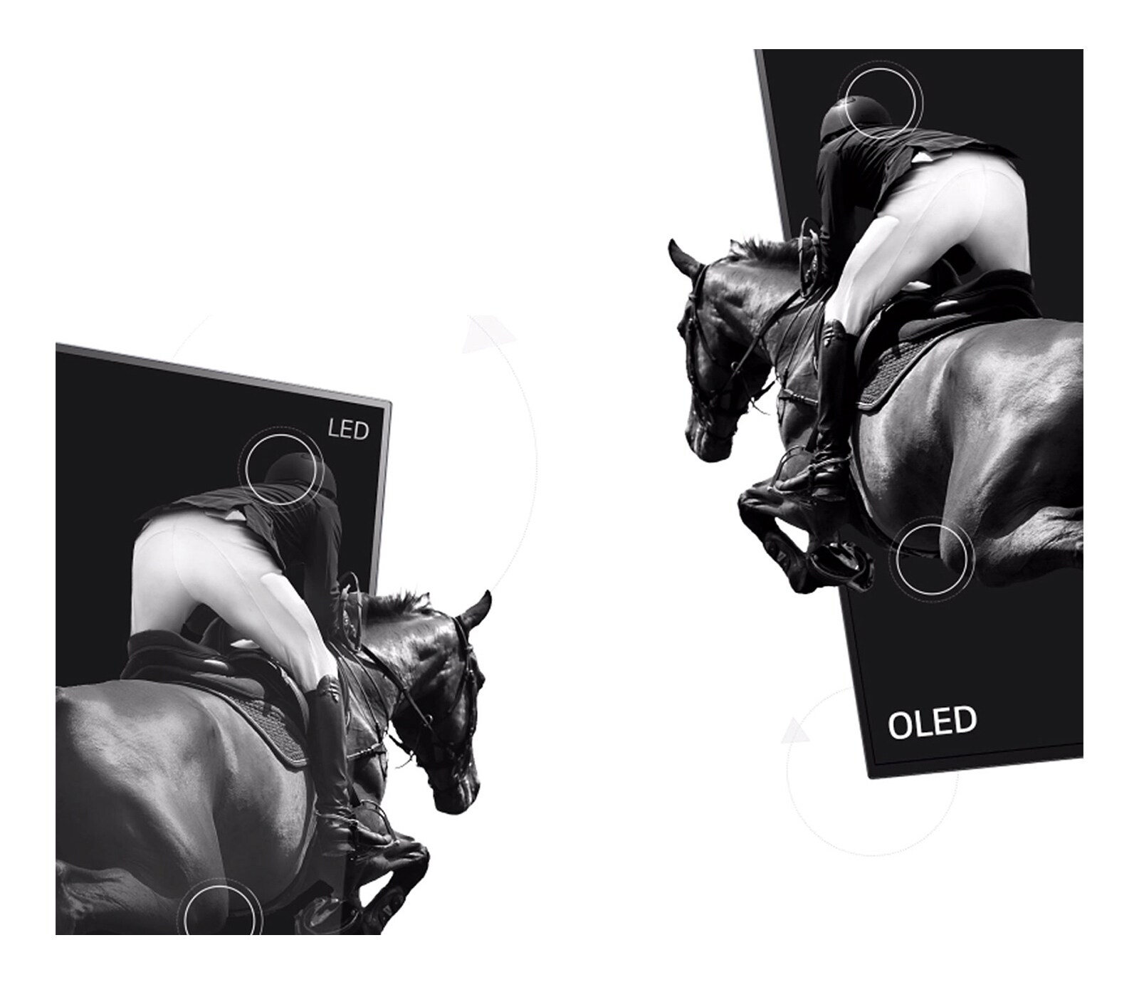 Una escena de cabalgata en LED con poco contraste y la otra mitad en OLED con contraste infinito (reproducir el video)