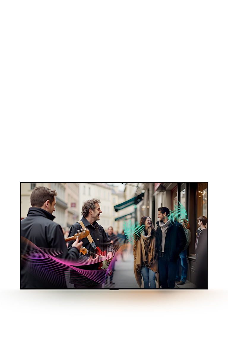 Una calle concurrida llena de personas. Una pareja caminando y conversando. Un par de artistas callejeros tocando la guitarra. Ondas de sonido abstractas emergen de los guitarristas y la pareja; representan cómo cada elemento de sonido puede oírse claramente gracias a AI Object Remastering.