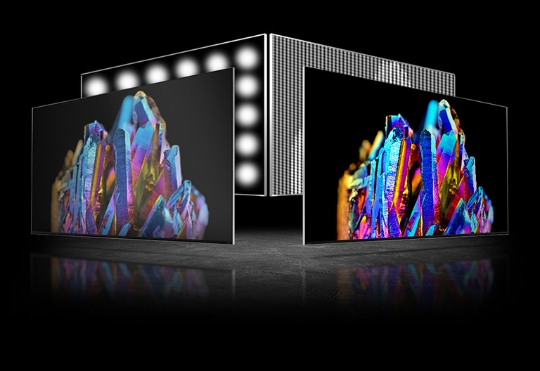 Hay dos pantallas de TV - una a la izquierda otra a la derecha. Hay las mismas imágenes de un cristal colorido en cada televisor. Una imagen a la izquierda es un poco pálida, mientras que una imagen a la derecha es muy vívida. Hay una imagen de procesador en la esquina inferior izquierda de un televisor en la imagen derecha.