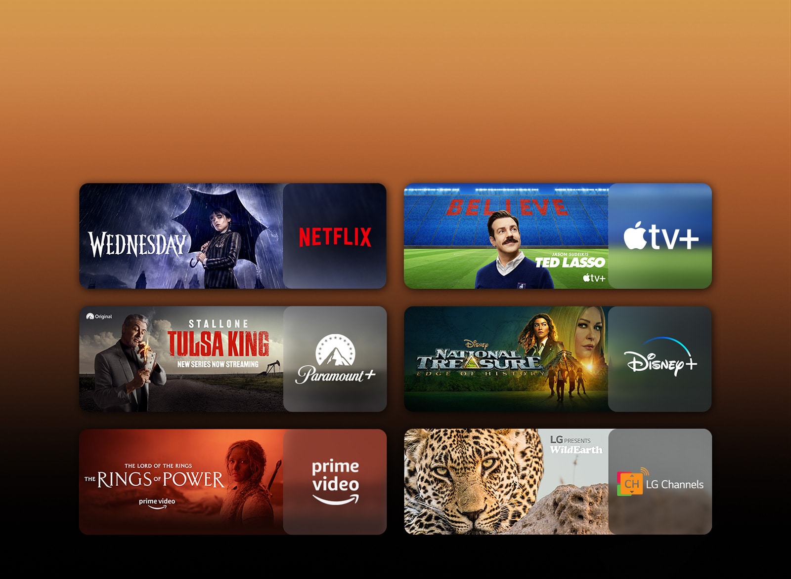 There are logos of streaming service platforms and matching footages right next to each logo. There are images of Netflix's Wednesday, Apple TV's TED LASSO, Paramount+'s Tulsa King, Disney Plus's National Treasure, PRIME VIDEO's The rings of power, sky showtime's TOP GUN, and LG CHANNELS' leopard.