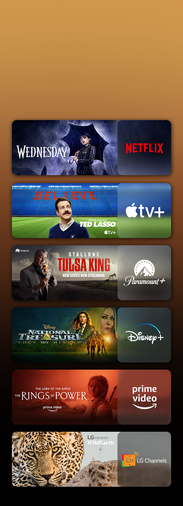 There are logos of streaming service platforms and matching footages right next to each logo. There are images of Netflix's Wednesday, Apple TV's TED LASSO, Paramount+'s Tulsa King, Disney Plus's National Treasure, PRIME VIDEO's The rings of power, sky showtime's TOP GUN, and LG CHANNELS' leopard.
