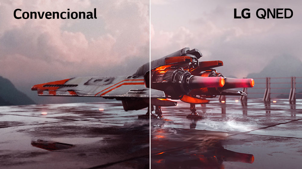 Hay un avión de combate rojo y una imagen se divide en dos - la mitad izquierda de la imagen parece menos colorido y ligeramente más oscuro, mientras que la mitad derecha de la imagen es más brillante y más colorido. En la esquina superior izquierda de la imagen dice Convencional y en la esquina superior derecha es LG QNED Logo.