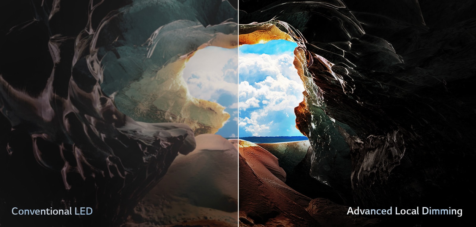 Perspectiva desde el interior de una cueva orientada hacia su entrada, en la que se ve un cielo azul y el horizonte. La escena está dividida por la mitad para mostrar la capacidad de la Atenuación local avanzada de QNED. De un lado, los colores y los detalles están atenuados y las imágenes parecen confusas. En la etiqueta dice “LED convencionales”. El otro lado tiene negros magníficos, así como mejor contraste, brillo y color. En la etiqueta dice “Atenuación local avanzada”. 