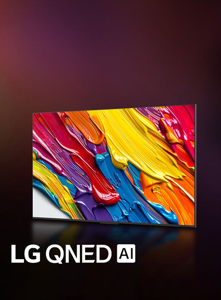 LG QNED TV sobre un colorido fondo oscuro. En la pantalla hay una ilustración brillante y colorida en la que se muestra la tecnología de color QNED y su capacidad para mostrar un amplio espectro de tonos con gran contraste. Se puede ver el logotipo de LG QNED AI. En el título dice “Todos los colores redefinidos con el color QNED dinámico”.