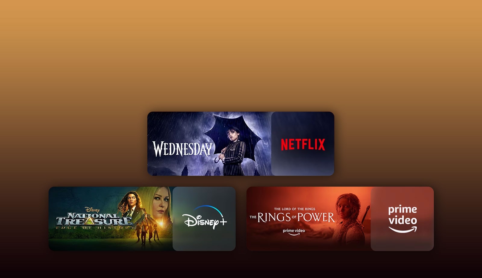 Hay logotipos de plataformas de servicios de transmisión y secuencias coincidentes justo al lado de cada logotipo. Hay imágenes de Wednesday de Netflix y TED LASSO de Apple TV.