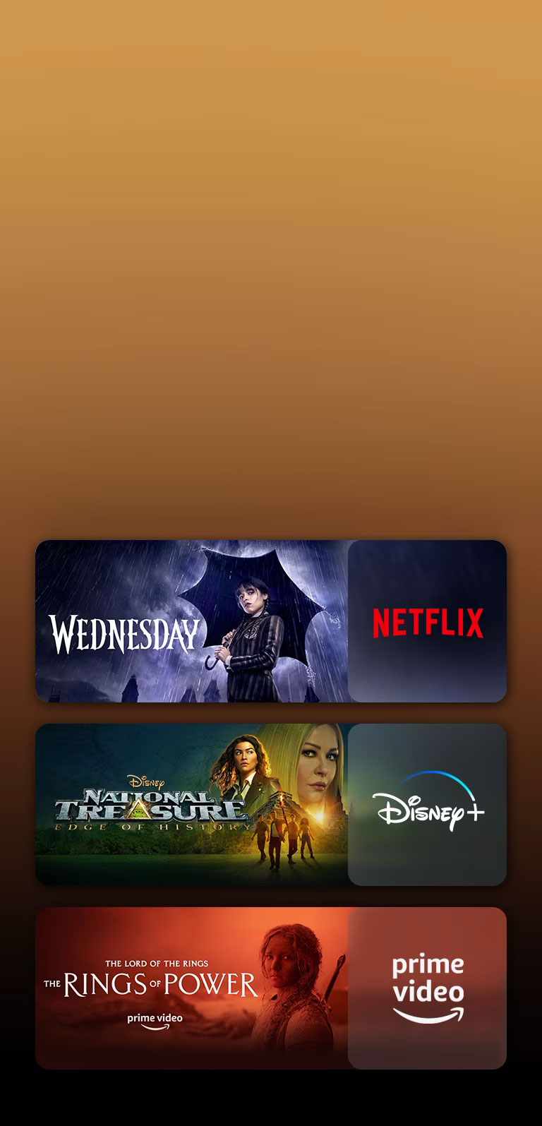 Hay logotipos de plataformas de servicios de transmisión y secuencias coincidentes justo al lado de cada logotipo. Hay imágenes de Wednesday de Netflix y TED LASSO de Apple TV.