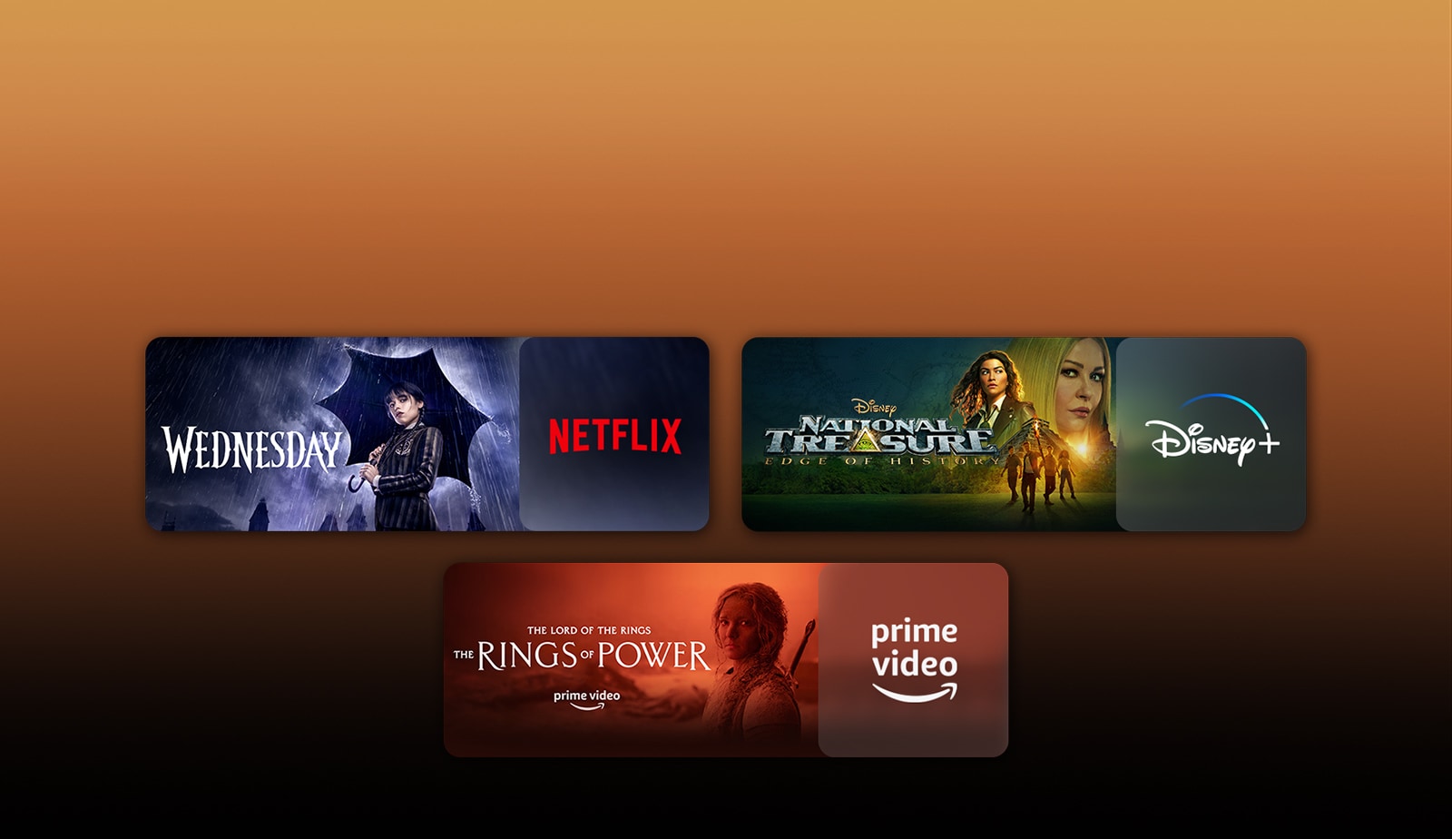 Hay logotipos de plataformas de servicios de transmisión y metrajes coincidentes justo al lado de cada logotipo. Hay imágenes de Merlina de Netflix, Tesoro Nacional de Disney Plus y Los Anillos del Poder de PRIME VIDEO.