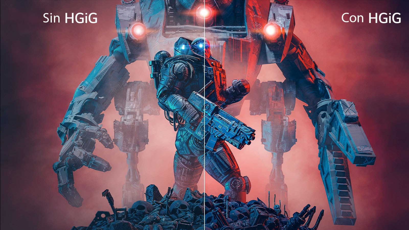 Imagen que muestra la mitad izquierda de una imagen sin HGiG mientras que la mitad derecha con HGiG para mostrar el contraste.