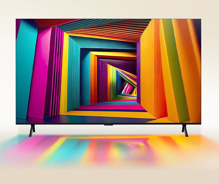 Un túnel cuadrado de colores vibrantes que se va estrechando gradualmente hacia la parte posterior y que se muestra en un televisor LG UHD.