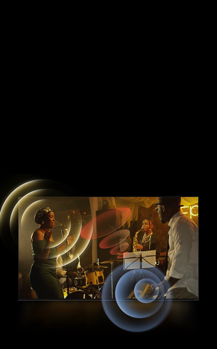 Televisor LG que muestra a músicos tocando, con gráficos circulares brillantes alrededor del espacio.