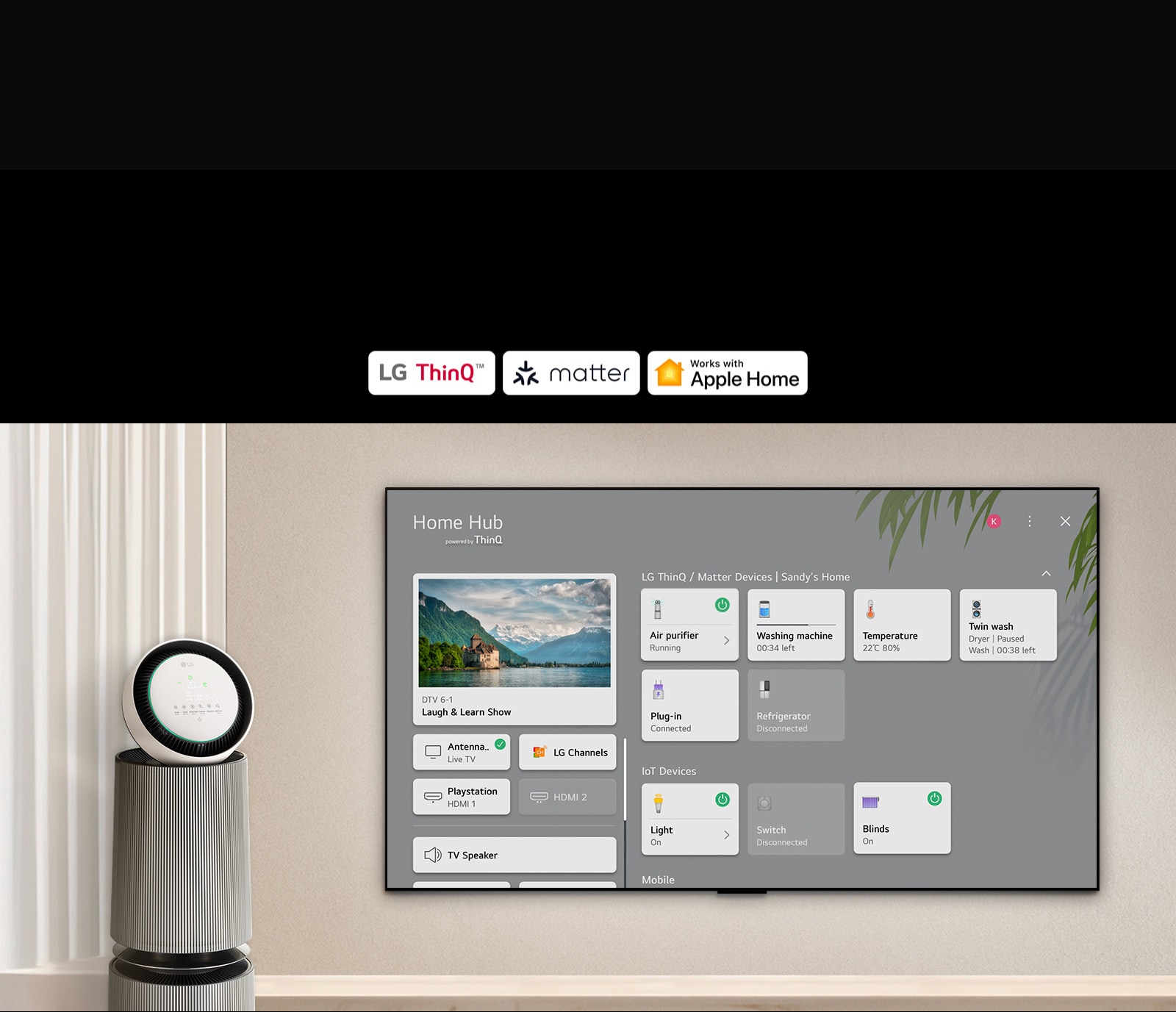 Un logotipo de LG ThinQ™, Matter y Apple Home. Un televisor LG montado en una pared y un LG PuriCare™ Objet Collection 360° a la izquierda. El televisor muestra Home Hub y el cursor hace clic en "Purificador de aire" y se activa LG PuriCare™ Objet Collection 360°.