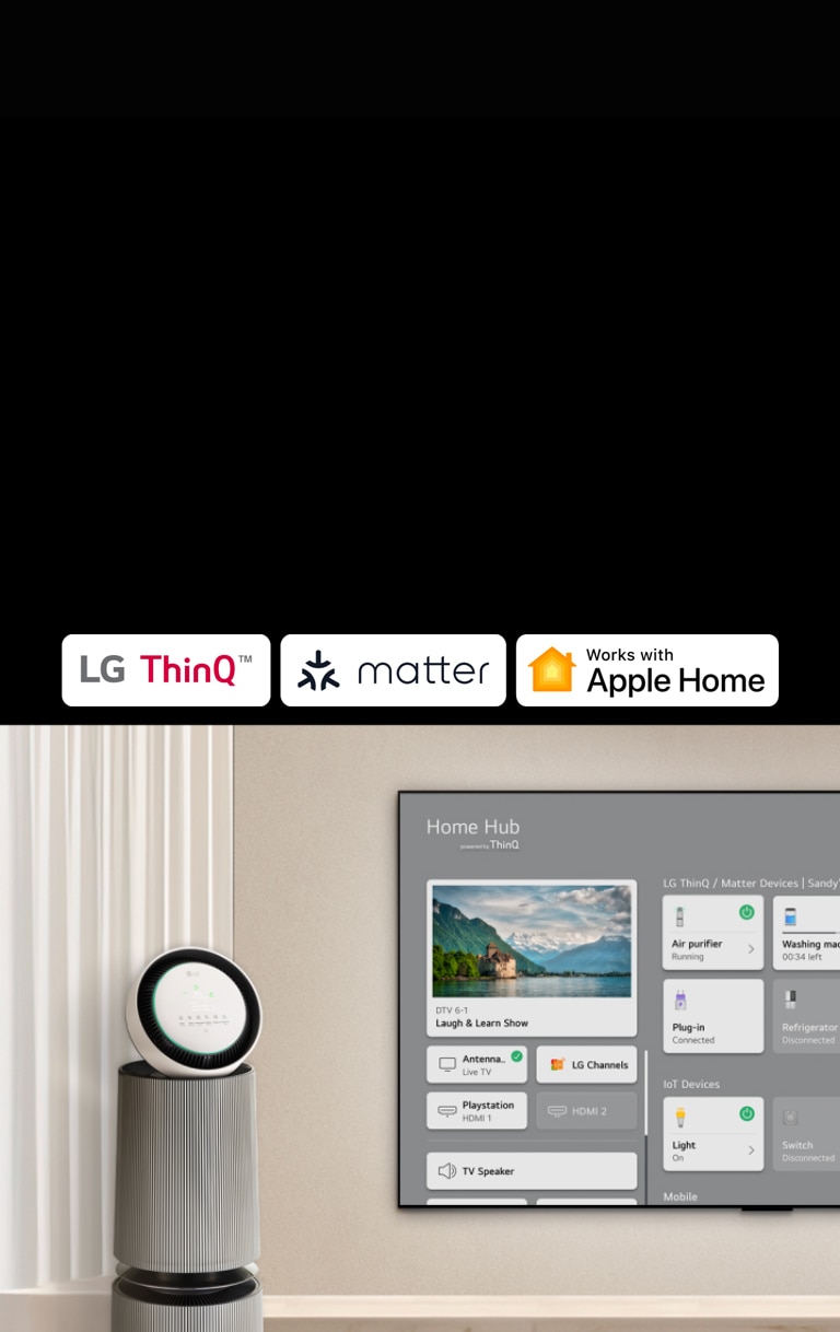 Un logotipo de LG ThinQ™, Matter y Apple Home. Un televisor LG montado en una pared y un LG PuriCare™ Objet Collection 360° a la izquierda. El televisor muestra Home Hub y el cursor hace clic en "Purificador de aire" y se activa LG PuriCare™ Objet Collection 360°.