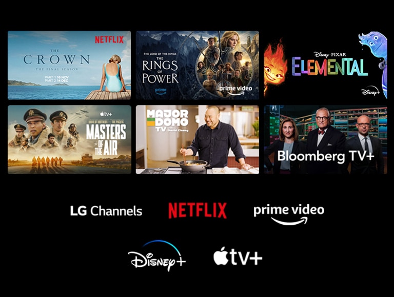 Se muestran seis miniaturas de películas y programas de televisión y los logotipos de LG Channels, Netflix, Prime Video, Disney+ y Apple TV+ se encuentran debajo.