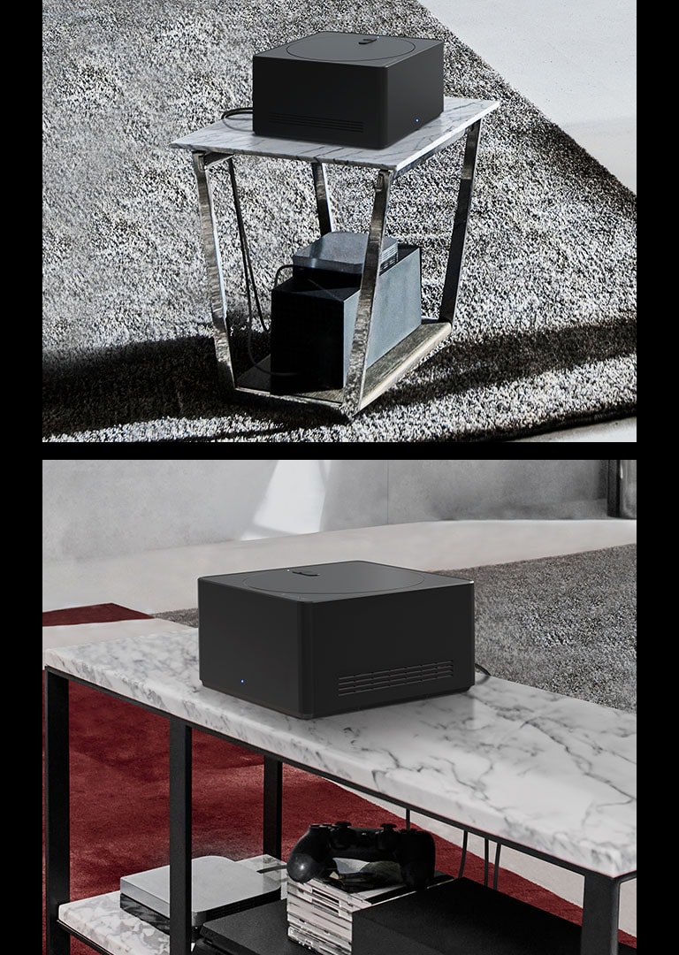 Tres imagenes que muestran una Zero Connect Box. La primera muestra un cable siendo conectado a la Zero Connect Box. La segunda muestra una Zero Connect Box sobre una mesa pequeña con dispositivos debajo. La tercera muestra una Zero Connect Box sobre una mesa grande con dispositivos y consolas debajo.