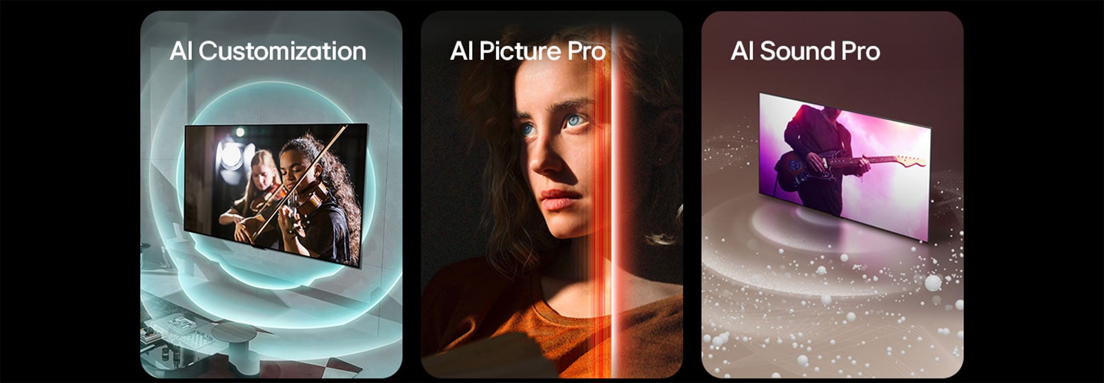 Se muestran tres imágenes. La primera muestra un LG OLED evo M4 en una sala de estar moderna mostrando una presentación musical en la pantalla. Ondas circulares azules que plasman personalización rodean el televisor y el espacio. La segunda muestra a una mujer con penetrantes ojos azules y una blusa naranja quemada en un espacio oscuro. Líneas rojas que representan los refinamientos de IA cubren parte de su rostro, que se ve vivo y detallado, mientras que el resto de la imagen se ve apagada. La tercera muestra un LG OLED evo M4 con burbujas y ondas de sonido que se emiten de la pantalla y rellenan el espacio.