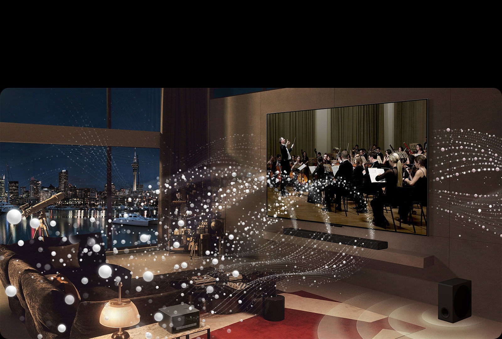 Se reproduce un concierto en el LG OLED evo M4 y se emiten círculos blancos del televisor y la LG Soundbar por la habitación. 