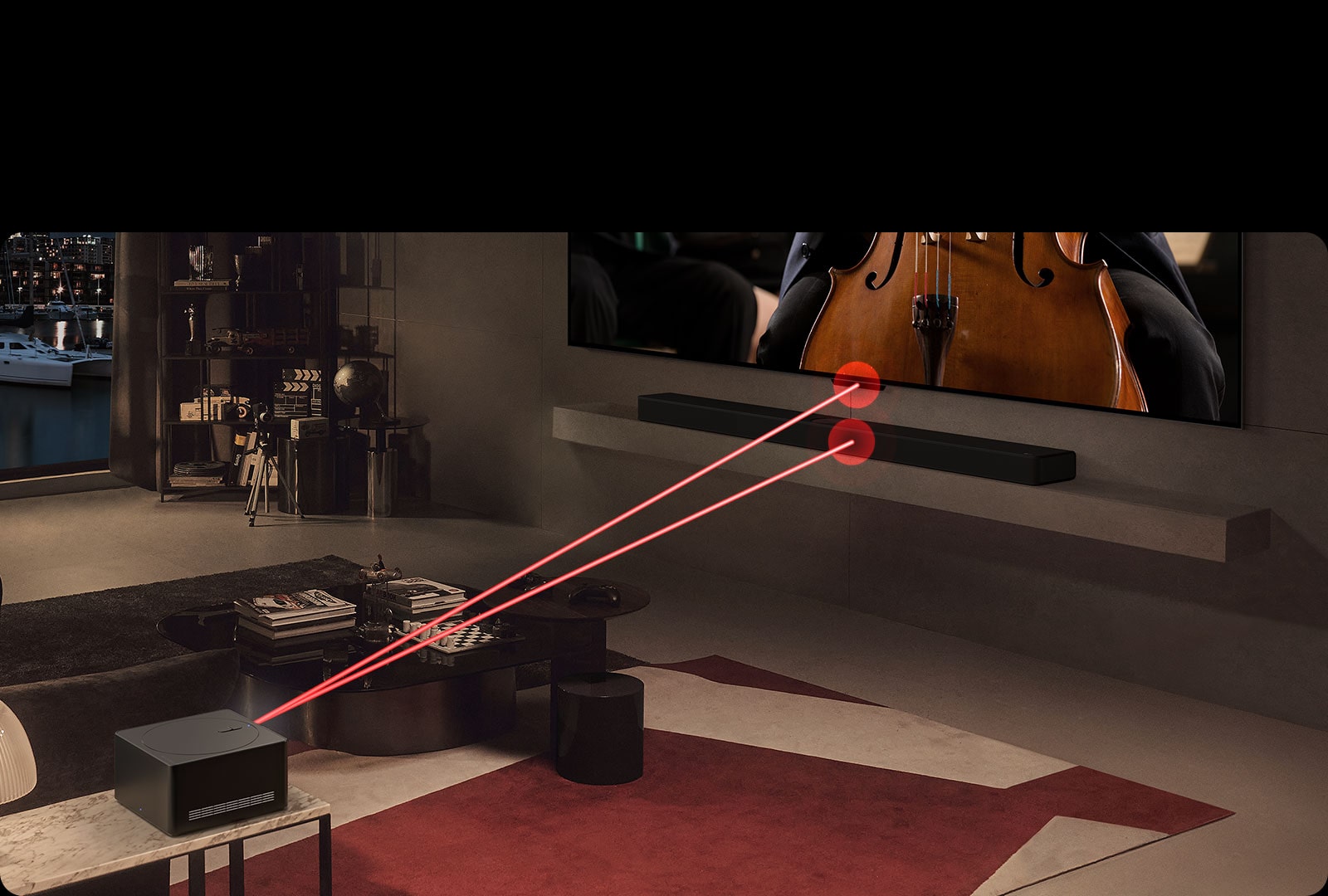 Se reproduce un concierto en la pantalla del LG OLED evo M4, y una Zero Connect Box está al frente. Una señal de Wi-Fi roja aparece sobre la Zero Connect Box y dos haces de luz roja se emiten hacia el televisor y la LG Soundbar.