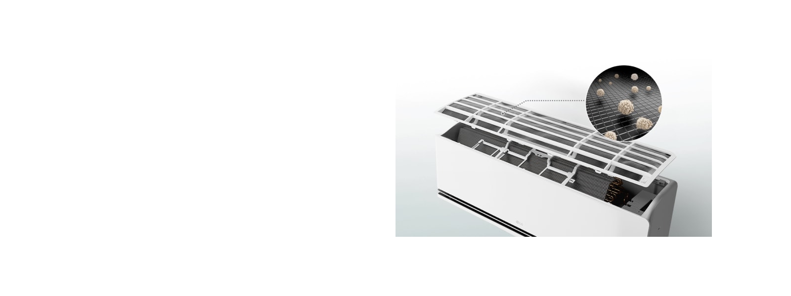 Aire acondicionado LG con panel abierto que muestra un prefiltro que captura partículas de polvo en una vista de primer plano