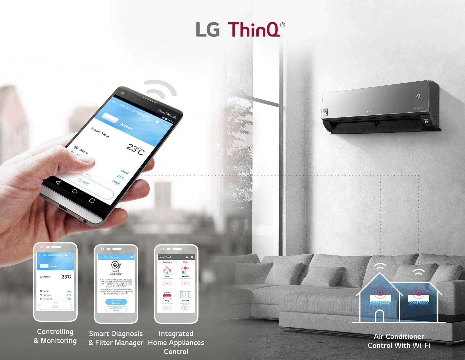 Controle su aire acondicionado desde cualquier lugar con un dispositivo Wi-Fi y la app exclusiva de LG.