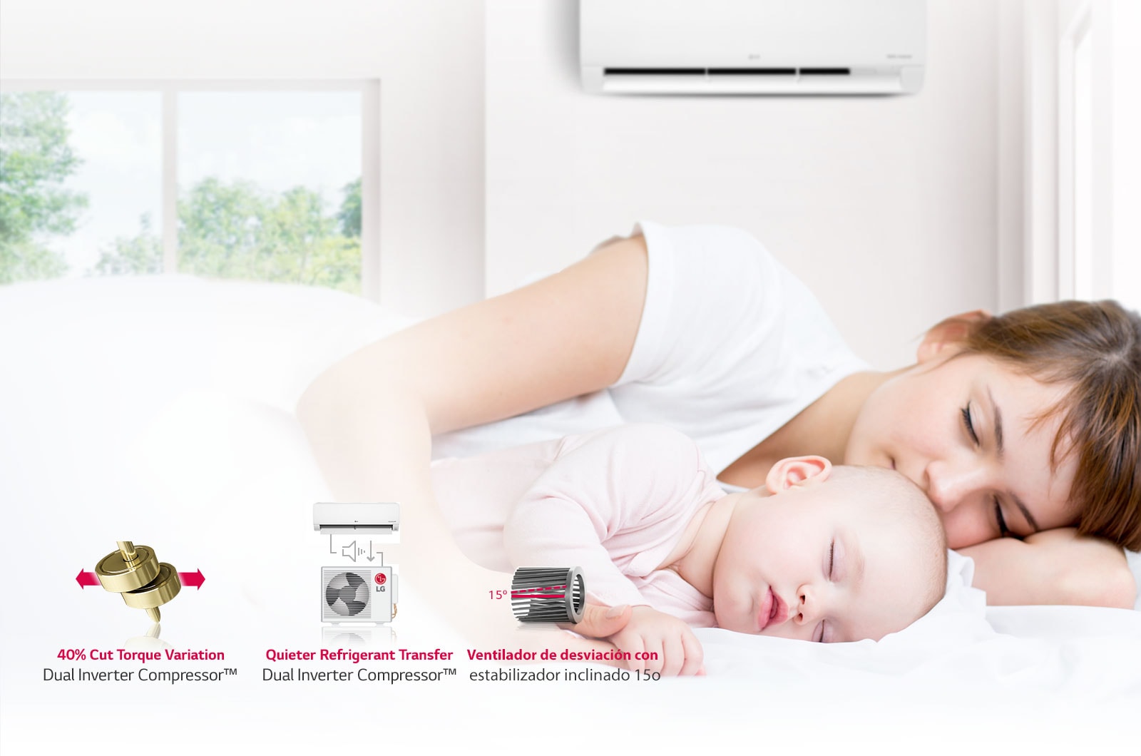Madre e hijo descansan gracias al ventilador LG y compresor Dual Inverter™, para un funcionamiento silencioso.
