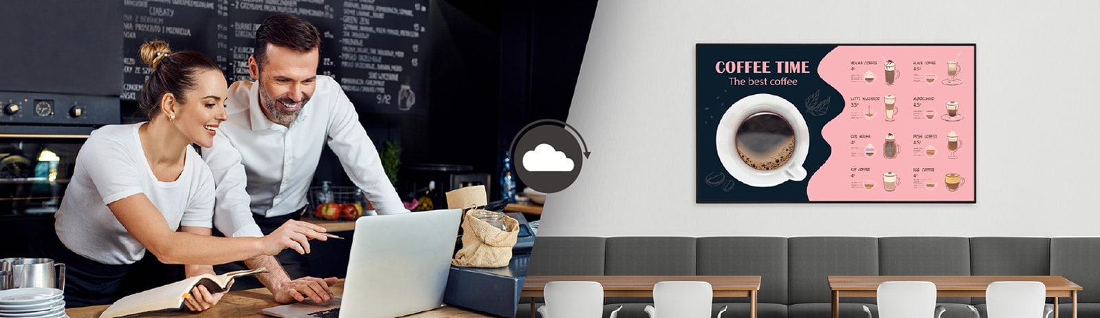 Los administradores de una cafetería están creando menús que se mostrarán en la pantalla instalada en la pared de la cafetería utilizando un software de gestión de contenidos.