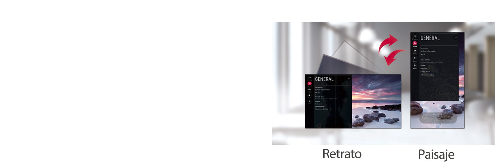 La pantalla de menú incluye las opciones de retrato y paisaje.