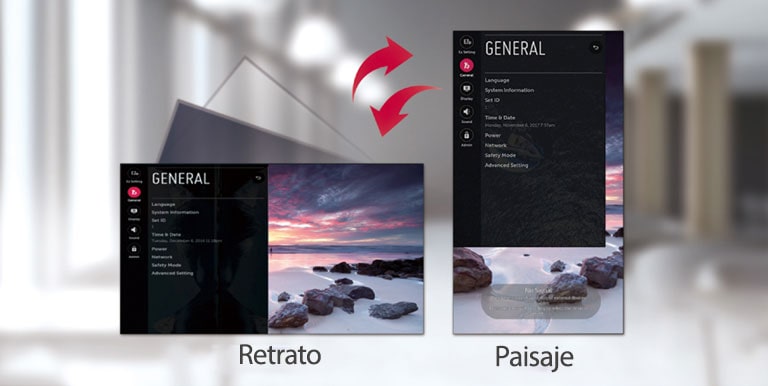 La pantalla de menú incluye las opciones de retrato y paisaje.