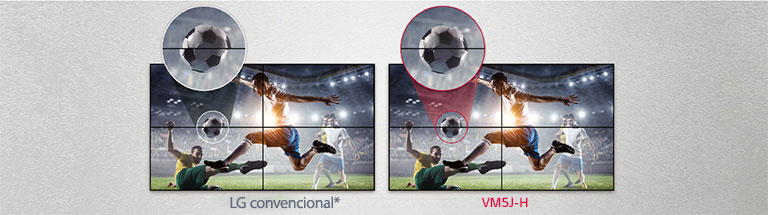 VM5J-H tiene menos espacios vacíos en la imagen entre las pantallas en mosaico comparado con el modelo LG convencional. Esto mejora la experiencia de visualización del contenido que se muestra y minimiza la interrupción visual que generan los espacios vacíos.