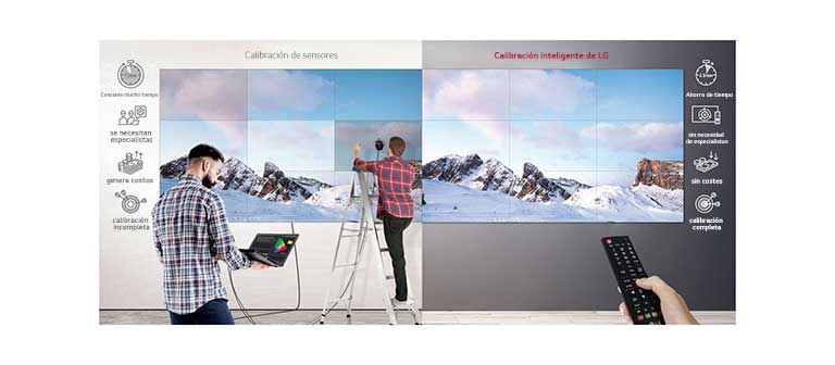 A la izquierda, hay una persona que usa la calibración del sensor para ajustar los colores de la pared de video a través de la computadora portátil conectada, y la otra persona en la escalera está evaluando el error de la pantalla. En contraste, el usuario de LG Smart Calibration a la derecha está ajustando de manera simple y conveniente en un control remoto.