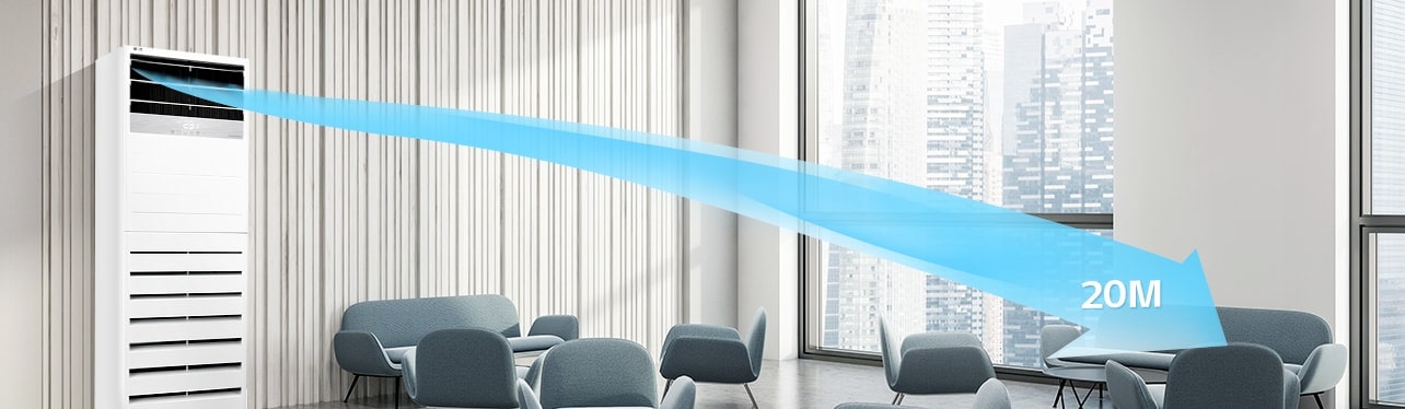 LG Floor Standing Unit, positioned on the left, is projecting an arrow-shaped airflow, visible up to 20m, into a lounge area with a series of chairs.