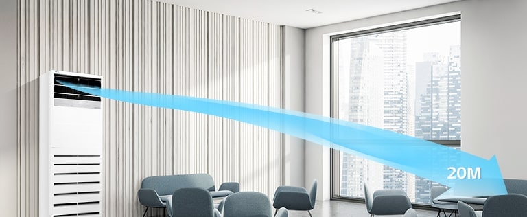 LG Floor Standing Unit, positioned on the left, is projecting an arrow-shaped airflow, visible up to 20m, into a lounge area with a series of chairs.
