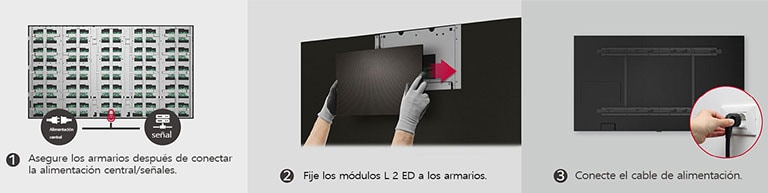 Consta de un total de tres imágenes que ilustran los pasos para fijar tres armarios, colocar los módulos LED y conectar el cable de alimentación.