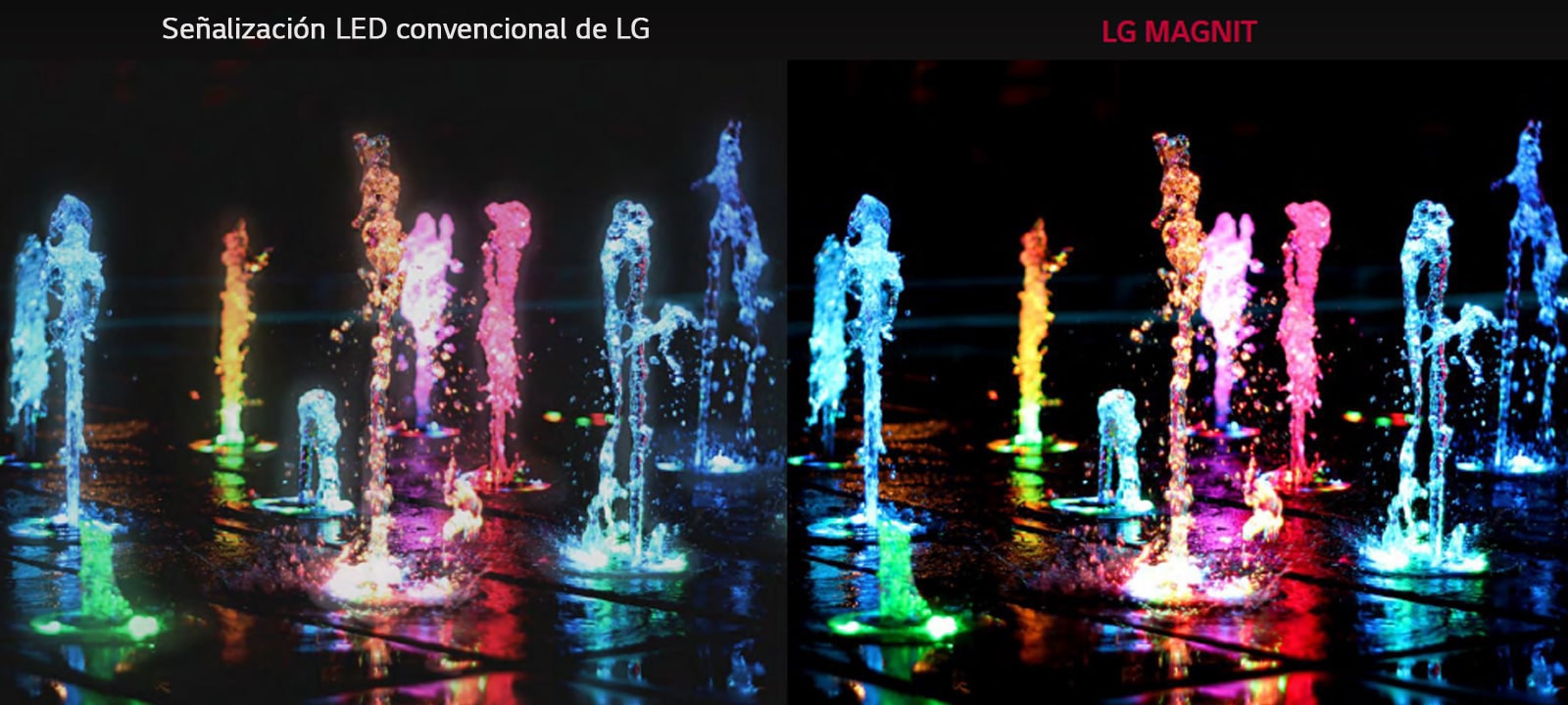 Fuente de piso con diferentes colores para mostrar la diferencia entre la señalización LED convencional de LG y MAGNIT en cuanto a la relación de contraste y la claridad
