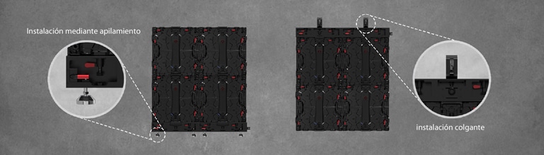 Se amplía y muestra la parte donde se puede instalar el armario ya sea mediante apilamiento o de forma colgante.