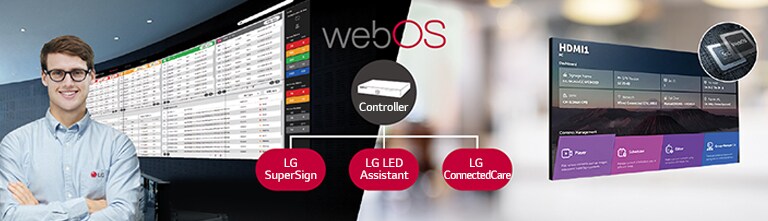 El empleado de LG supervisa a distancia la serie LBAE instalada en un lugar diferente mediante una solución de monitoreo de LG basada en la nube. El controlador del sistema con webOS permite que la serie LBAE sea compatible con las soluciones de software de LG.