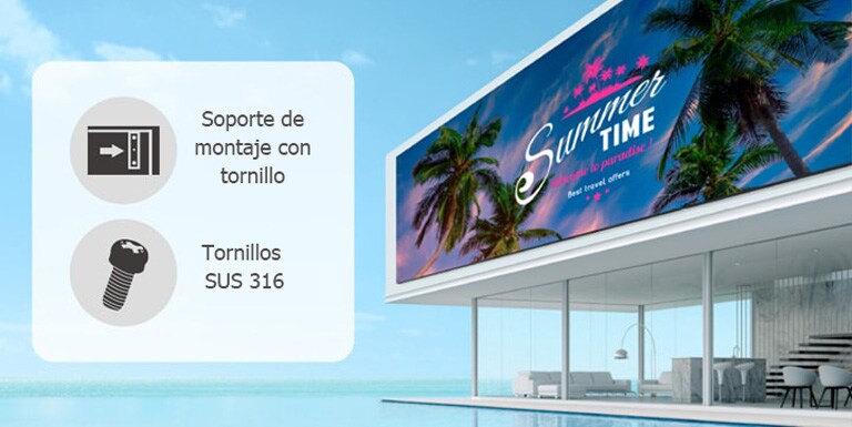 En la pared exterior del edificio de la piscina hay LED más duraderos que utilizaron un soporte de montaje con tornillos y tornillos SUS 316.