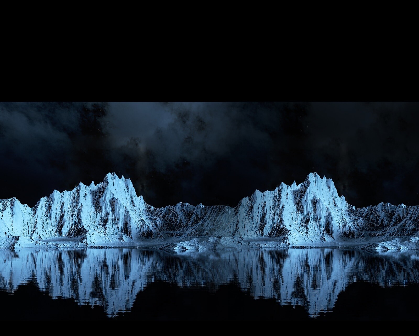Una clara expresión del contraste entre la luz y la oscuridad permite que el glaciar se refleje en el agua de forma más vívida durante una noche oscura.