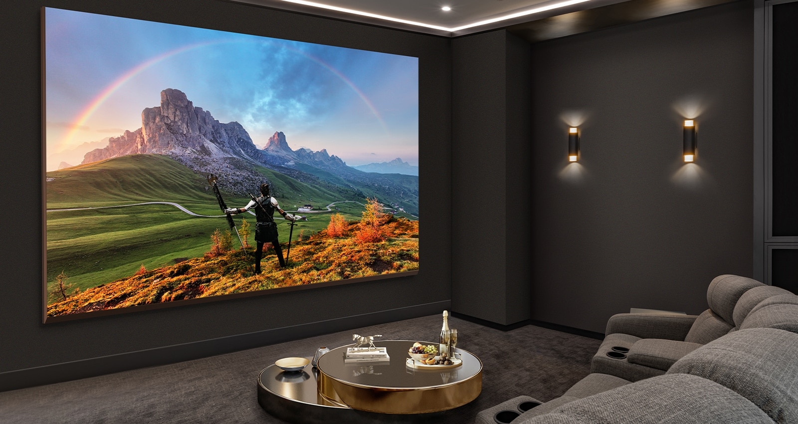 El LG MAGNIT instalado en una habitación oscura, incluso con el ambiente lujoso, ajusta automáticamente el brillo y el mapeo de tonos de la película de acuerdo con el entorno.