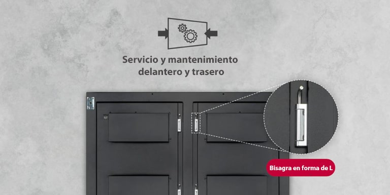 Muestra la imagen ampliada de una bisagra en forma de L que se encuentra en la parte trasera del producto.