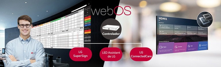 El empleado de LG supervisa a distancia la serie GSEH instalada en un lugar diferente mediante una solución de monitoreo de LG con base en la nube.  El controlador del sistema con webOS permite que la serie GSEH sea compatible con las soluciones de software de LG.